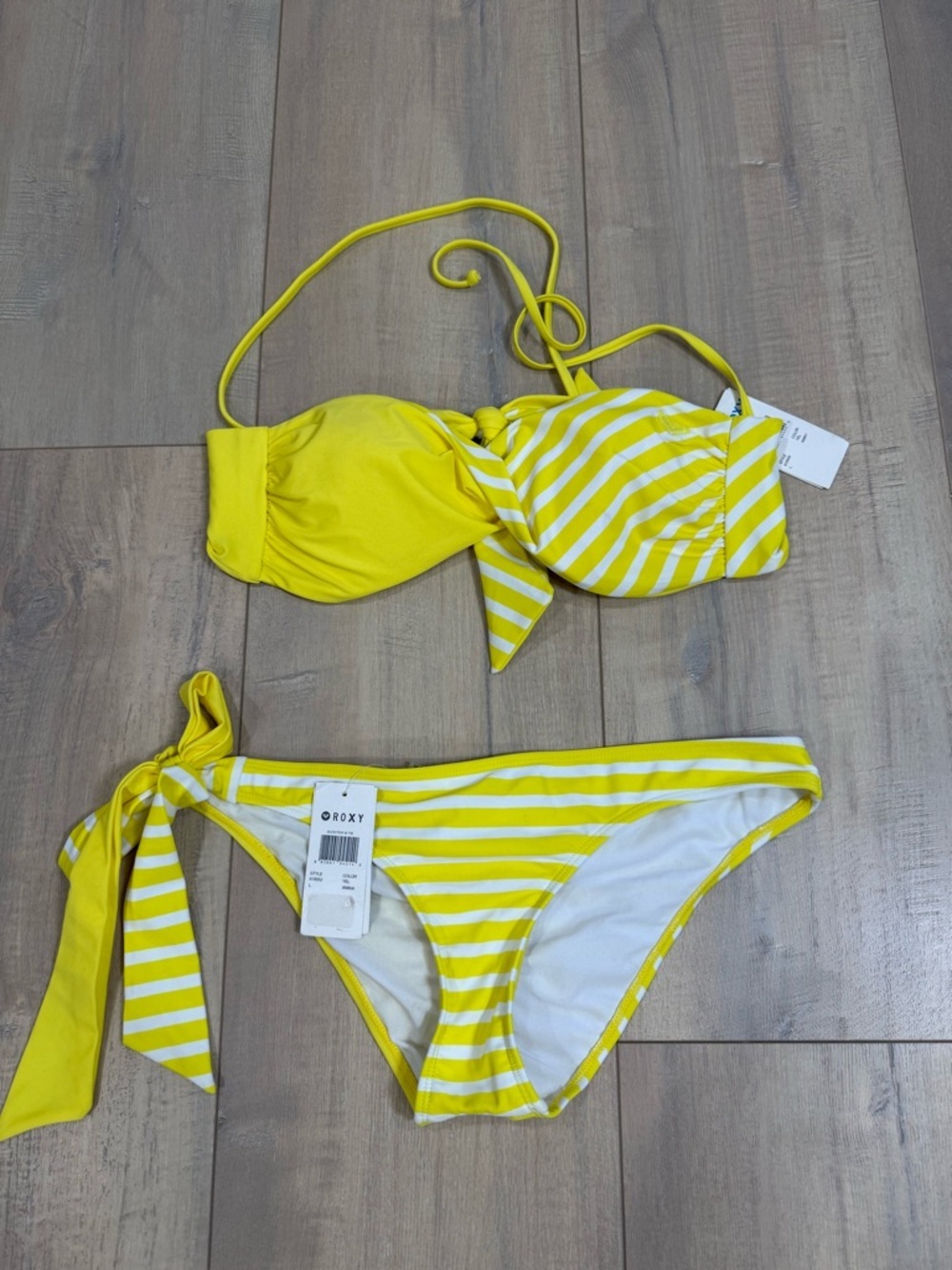 Roxy Yellow and White Striped Twist Bandeau Bikini